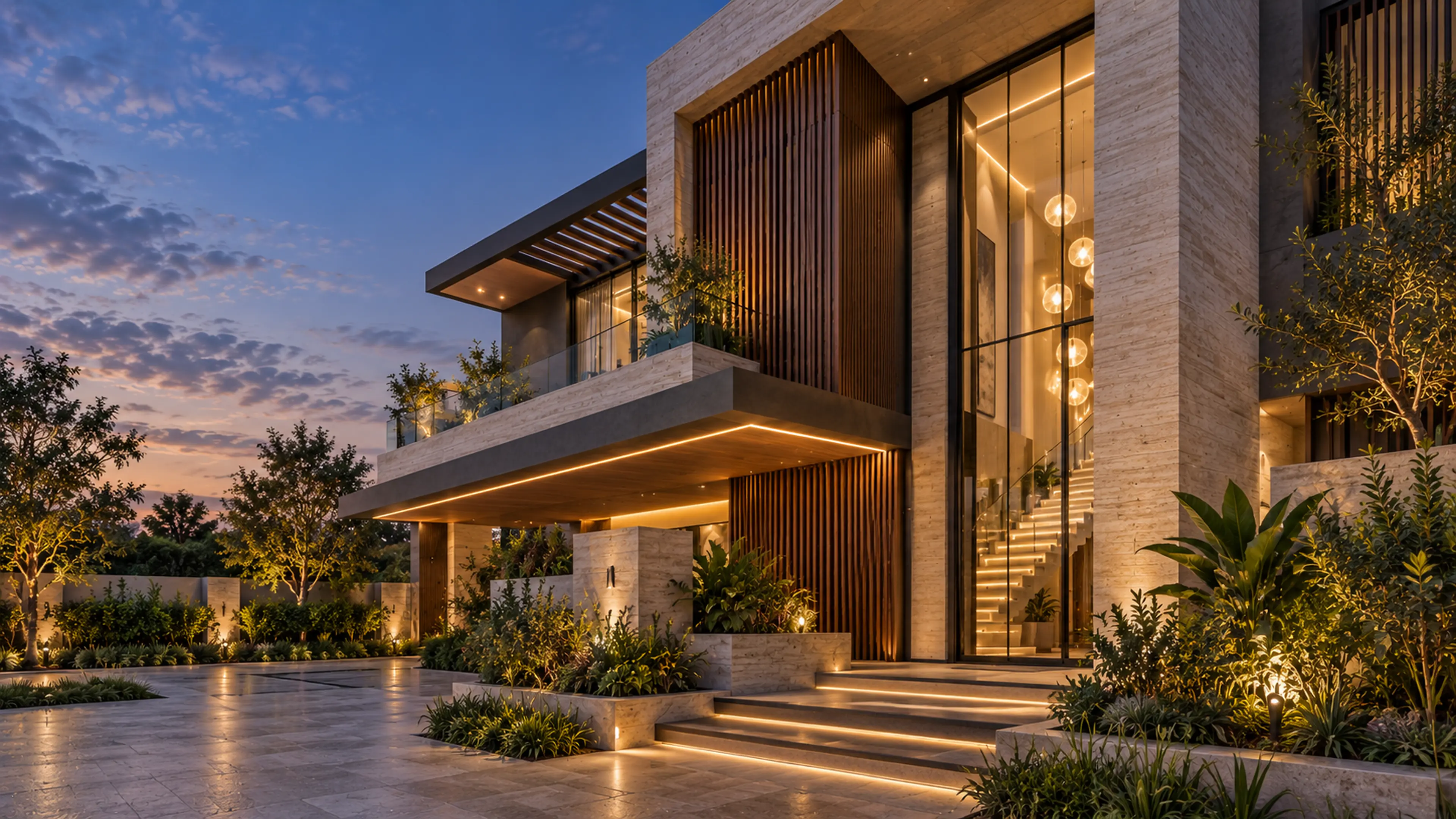 Contemporary luxury residence with stone, timber and glass detailing at dusk