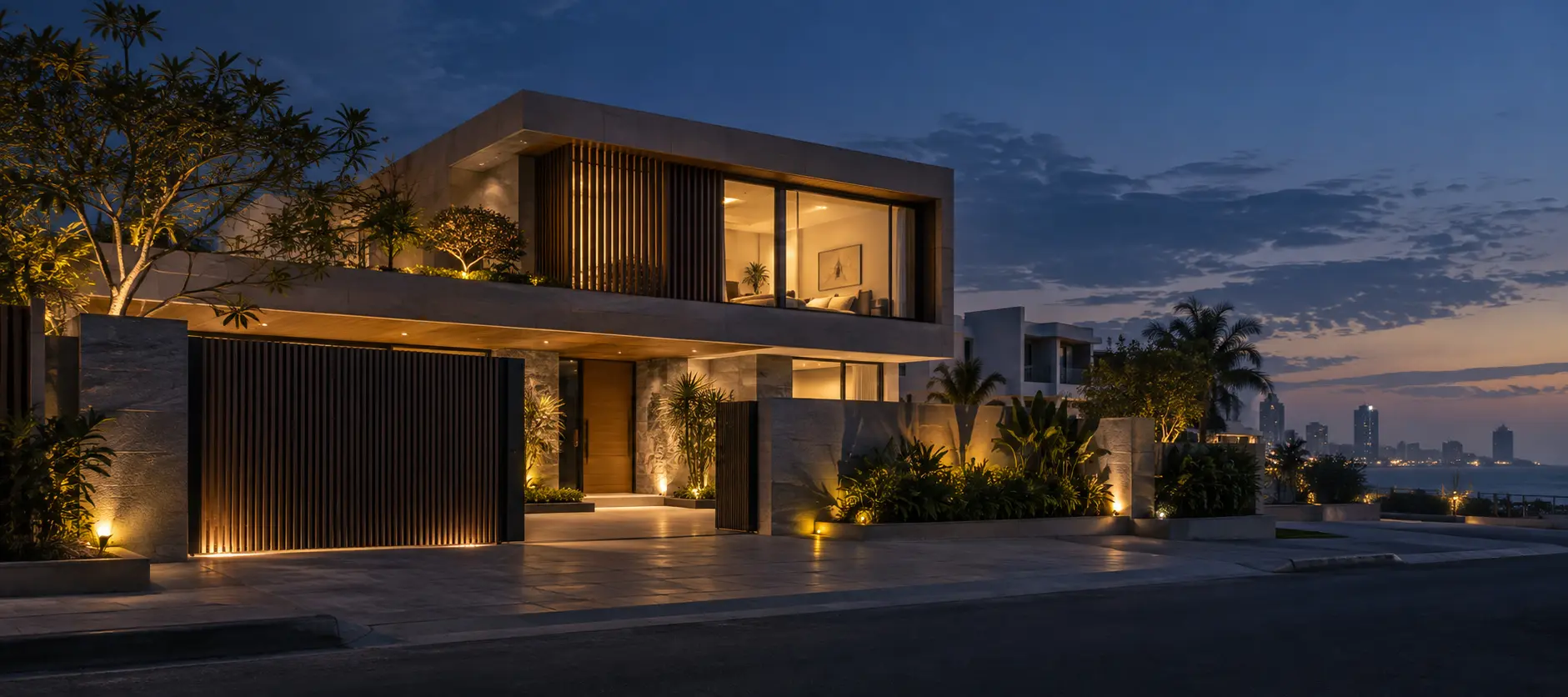 Completed contemporary Karachi residence illuminated at blue hour